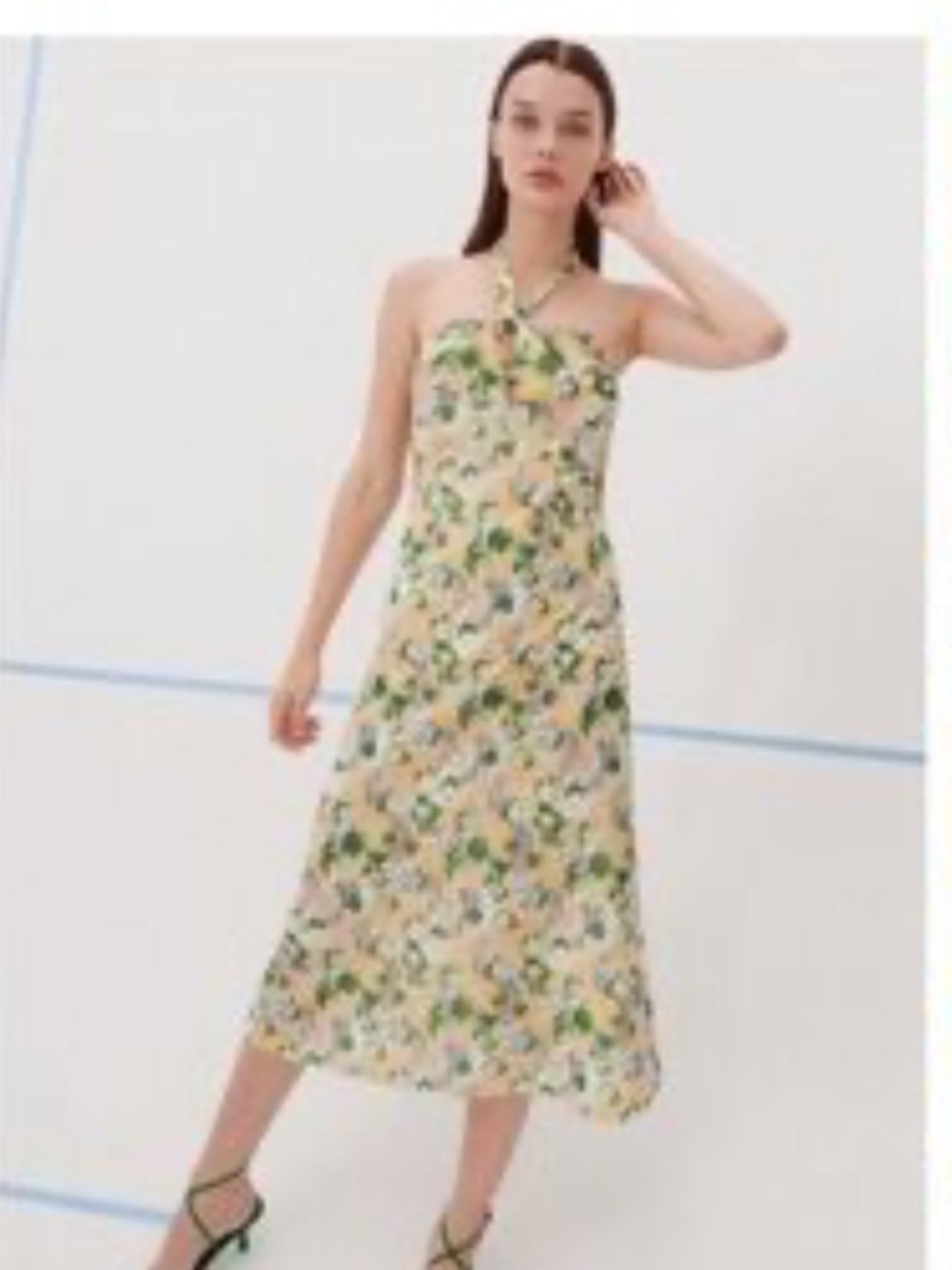Zara Cream Floral Halter Midi Dress with Green Print Large